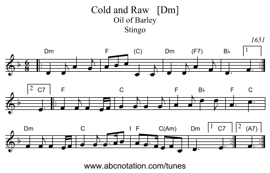 Cold and Raw   [Dm] - staff notation
