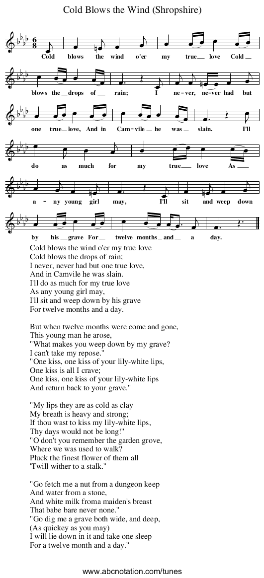 Cold Blows the Wind (Shropshire) - staff notation