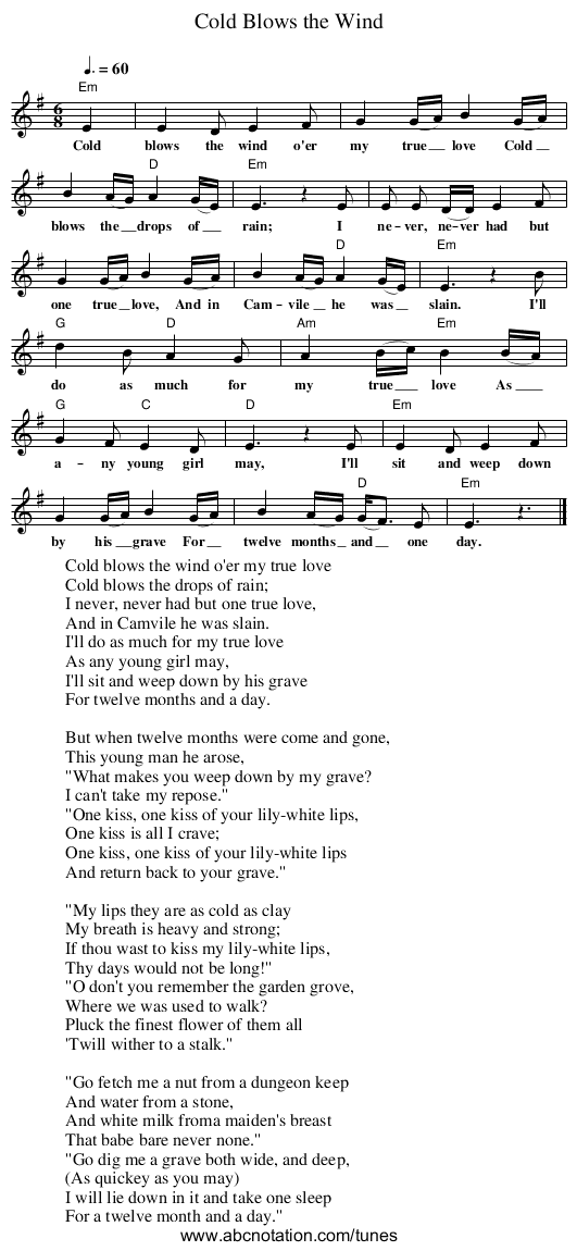 Cold Blows the Wind - staff notation