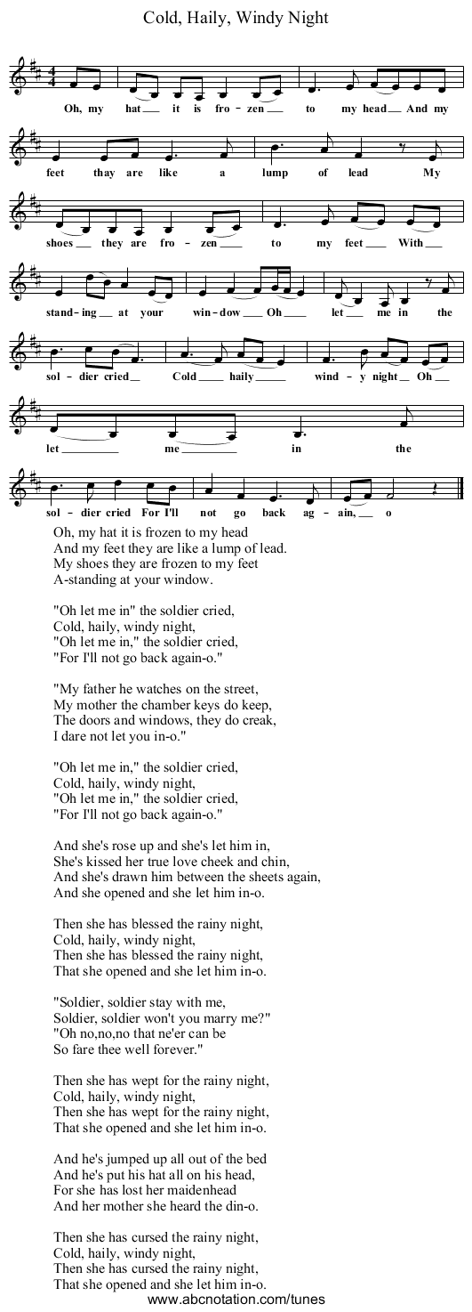 Cold, Haily, Windy Night - staff notation