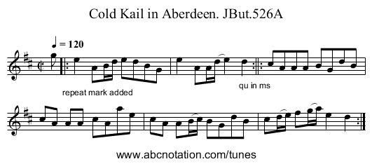 Cold Kail in Aberdeen. JBut.526A - staff notation
