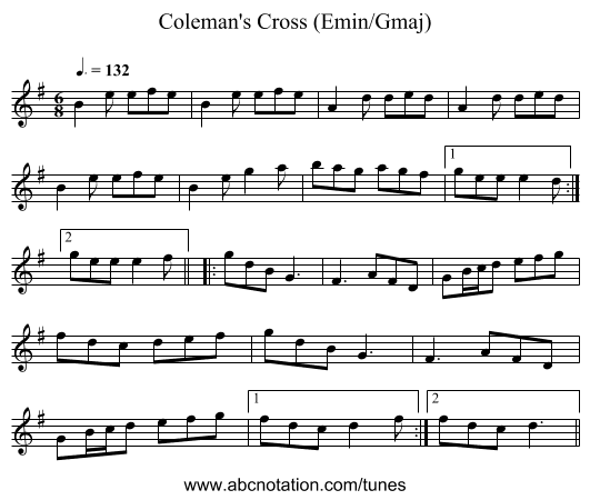 Coleman's Cross (Emin/Gmaj) - staff notation
