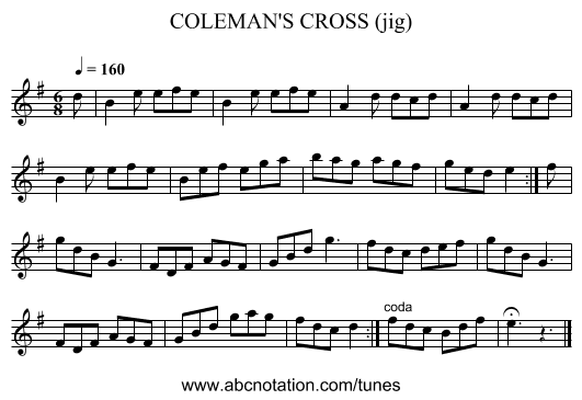 COLEMAN'S CROSS (jig) - staff notation