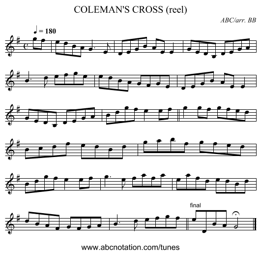 COLEMAN'S CROSS (reel) - staff notation