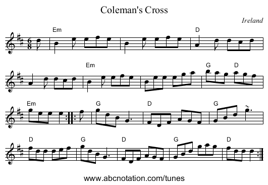 Coleman's Cross - staff notation