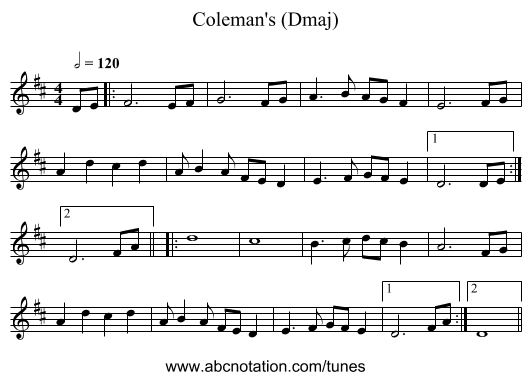 Coleman's (Dmaj) - staff notation