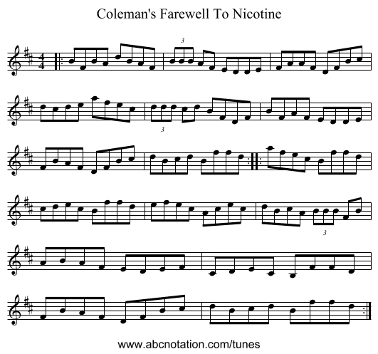 Coleman's Farewell To Nicotine - staff notation