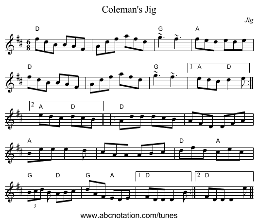Coleman's Jig - staff notation