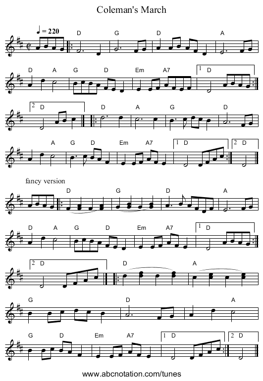 Coleman's March - staff notation