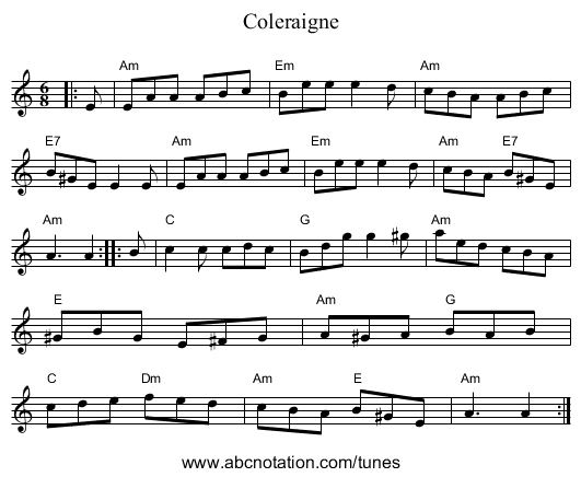 Coleraigne - staff notation