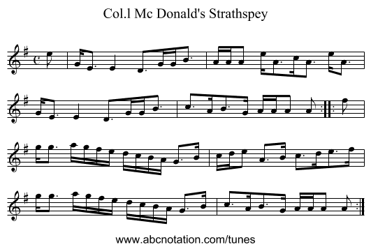 Col.l Mc Donald's Strathspey - staff notation
