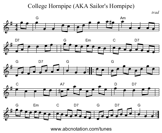 College Hornpipe (AKA Sailor's Hornpipe) - staff notation