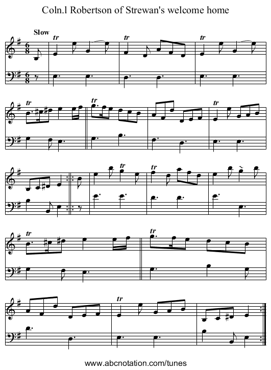 Coln.l Robertson of Strewan's welcome home - staff notation