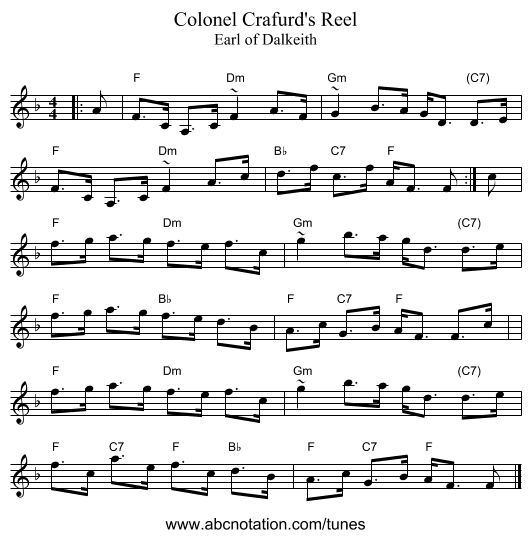 Colonel Crafurd's Reel - staff notation