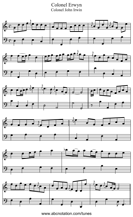 Colonel Erwyn - staff notation