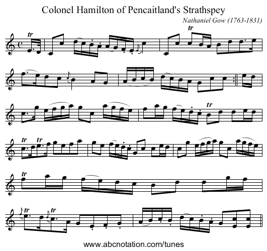 Colonel Hamilton of Pencaitland's Strathspey - staff notation