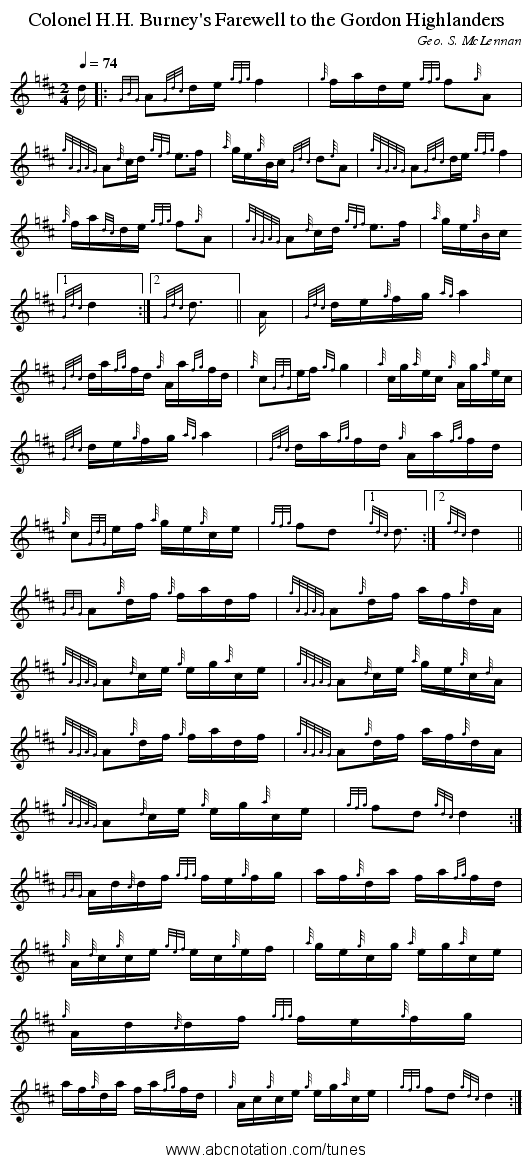 Colonel H.H. Burney's Farewell to the Gordon Highlanders - staff notation