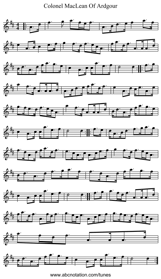 Colonel MacLean Of Ardgour - staff notation