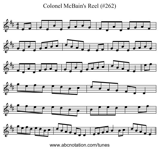 Colonel McBain's Reel (#262) - staff notation