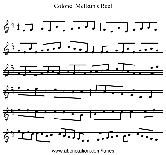 Colonel McBain's Reel - staff notation