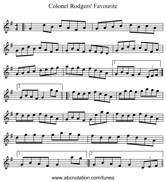 Colonel Rodgers' Favourite - staff notation
