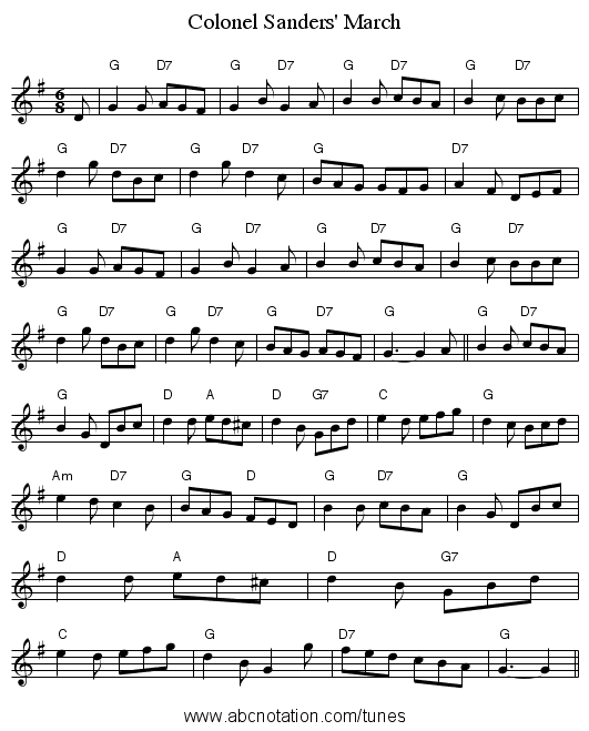 Colonel Sanders' March - staff notation