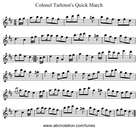 Colonel Tarleton's Quick March - staff notation