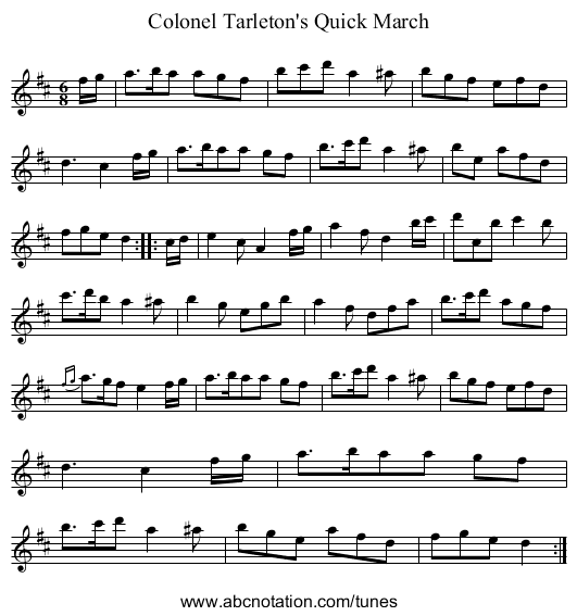 Colonel Tarleton's Quick March - staff notation