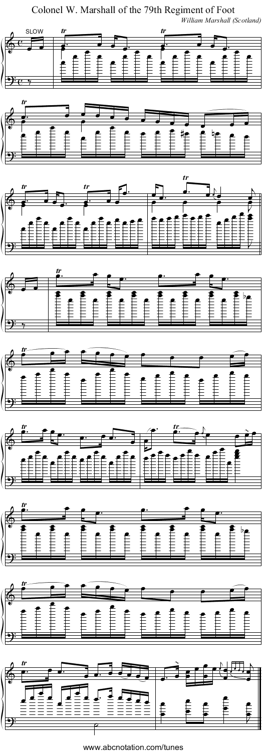 Colonel W. Marshall of the 79th Regiment of Foot - staff notation