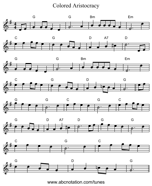 Colored Aristocracy - staff notation