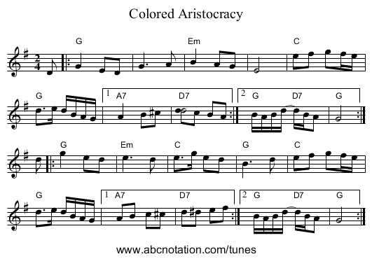 Colored Aristocracy - staff notation