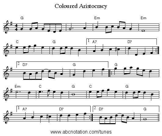 Coloured Aristocracy - staff notation