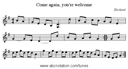 Come again, you're welcome - staff notation
