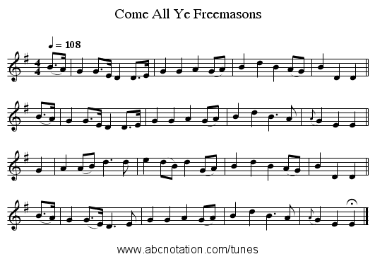 Come All Ye Freemasons - staff notation