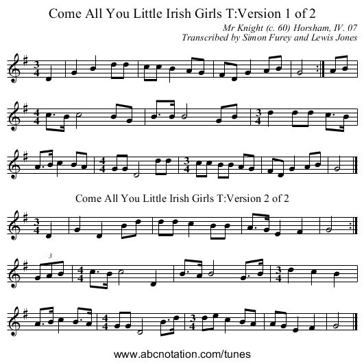 Come All You Little Irish Girls T:Version 1 of 2 - staff notation
