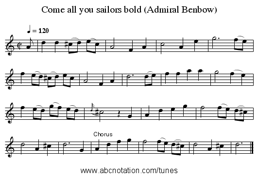 Come all you sailors bold (Admiral Benbow) - staff notation
