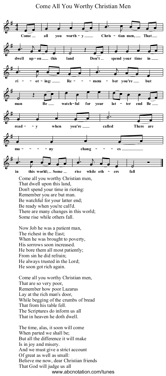 Come All You Worthy Christian Men - staff notation