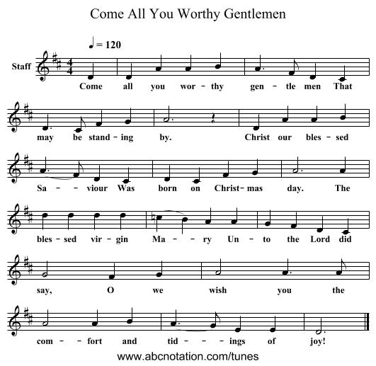 Come All You Worthy Gentlemen - staff notation