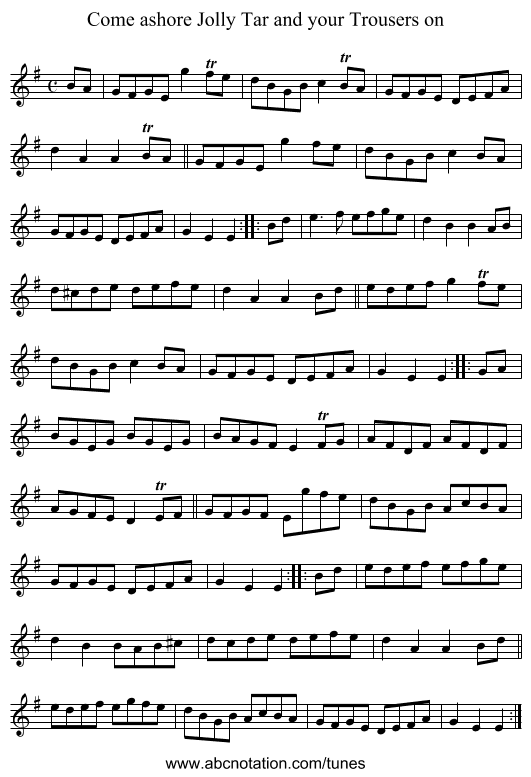 Come ashore Jolly Tar and your Trousers on - staff notation