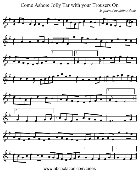 Come Ashore Jolly Tar with your Trousers On - staff notation