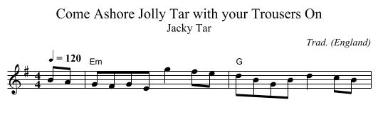 Come Ashore Jolly Tar with your Trousers On - staff notation