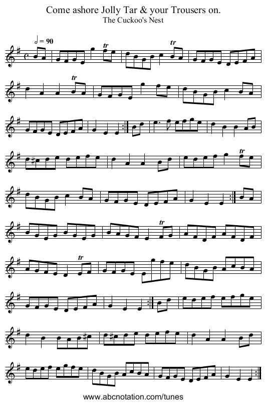 Come ashore Jolly Tar & your Trousers on. - staff notation