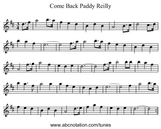 Come Back Paddy Reilly - staff notation