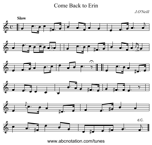 Come Back to Erin - staff notation