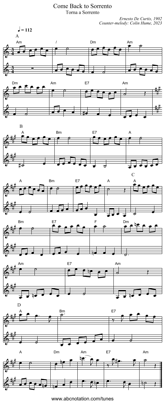 Come Back to Sorrento - staff notation