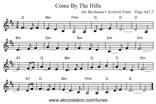 Come By The Hills - staff notation