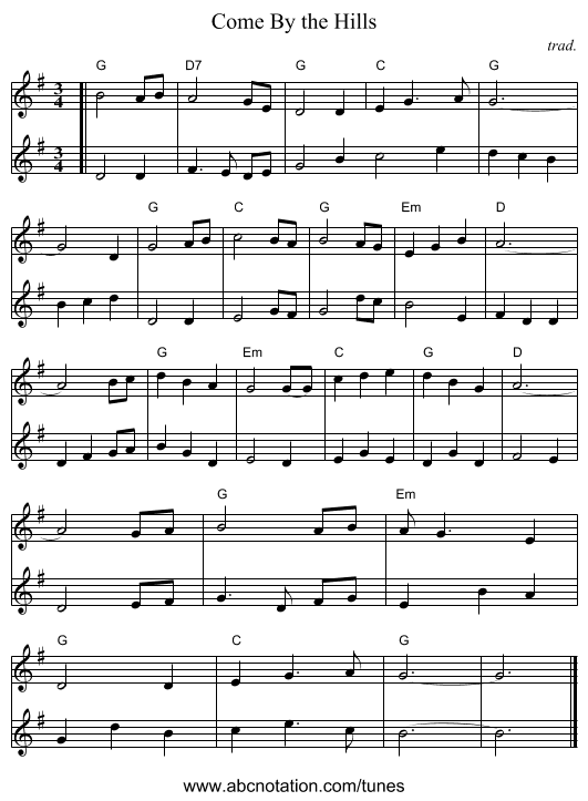 Come By the Hills - staff notation