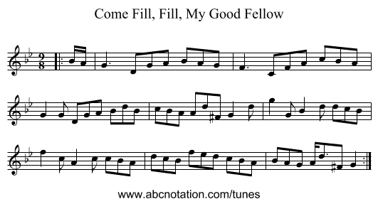 Come Fill, Fill, My Good Fellow - staff notation