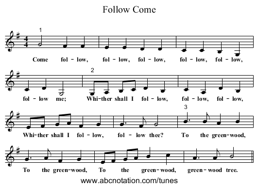 Come, Follow - staff notation
