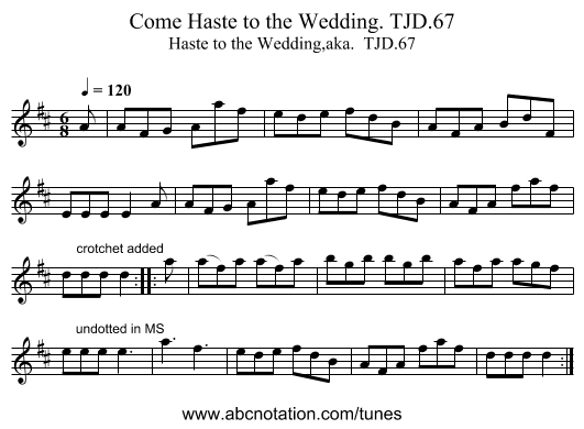 Come Haste to the Wedding. TJD.67 - staff notation